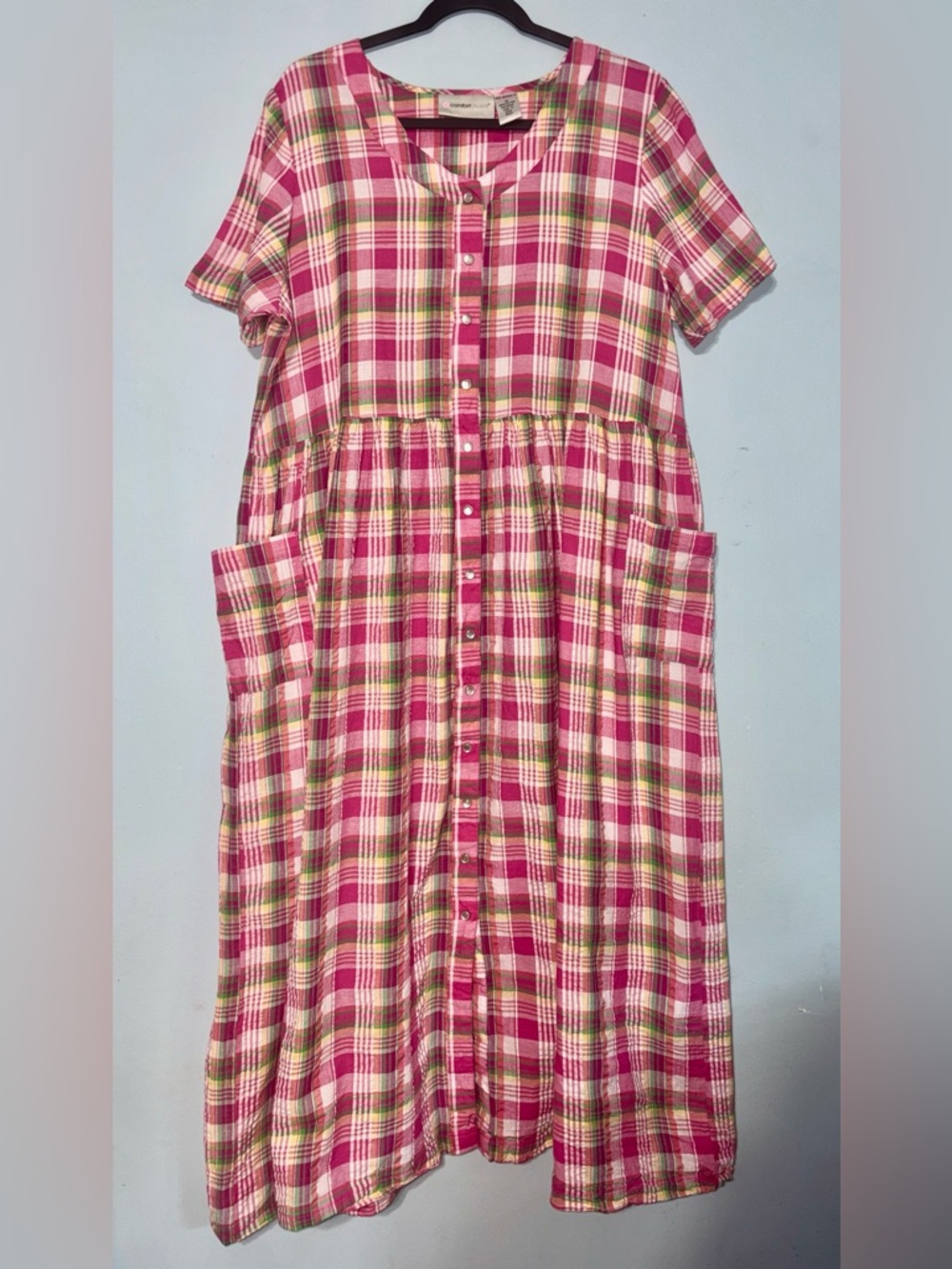 Womens M Oversized Pink Plaid Cotton Button-Front Dress with Chore Pockets L XL